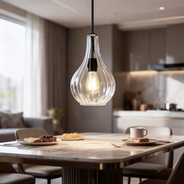 100-Watt 1-Light Matte Black Shaded Pendant Light Fixture with Clear Fluted Glass Shade for Kitchen Island, Dining Room