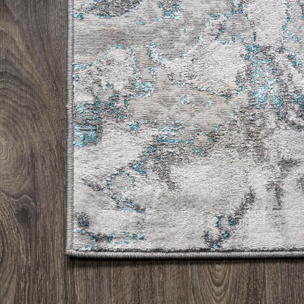 Gray and Turquoise Abstract Washable Synthetic Runner Rug 2' x 10'