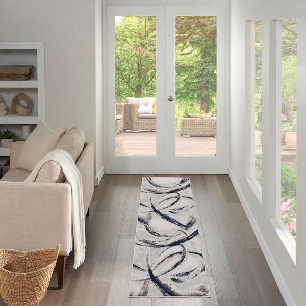 Brushstrokes Grey/Navy 2 ft. x 8 ft. Brushstroke Contemporary Runner Area Rug