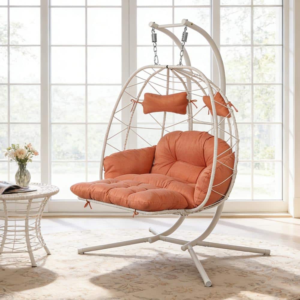 卓　し 2 Person Orange Thickened Cushions Hanging Outdoor Wicker Swing