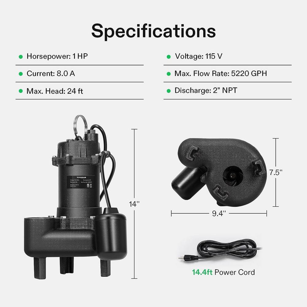 1 HP Black Cast Iron Submersible Sewage Effluent Pump