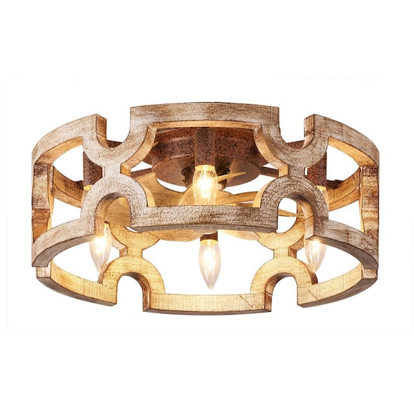 19 in. Bronze Oak Wood Indoor Flush Mount Ceiling Fan with Light and Remote Modern Farmhouse Cage Ceiling Light with Fan