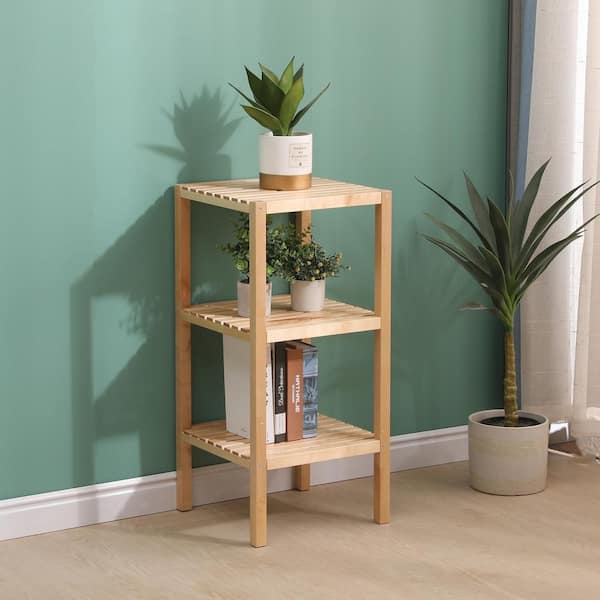 FUNKOL 3-Tier Natural Square Wooden Freestanding Corner Storage Shelf, Holding 176 lbs. (14.6 in. x 14.6 in. x 30.7 in. )