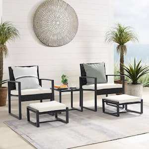 OC Orange Casual 5 Piece Wicker Black Outdoor Bistro Set with Ottomans, White Cushions