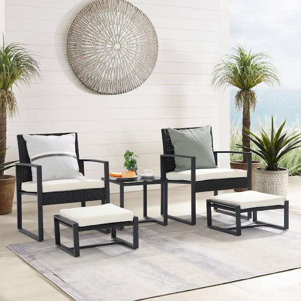 Freestyle 5-Piece Wicker Black Outdoor Bistro Set with Ottomans, White Cushions