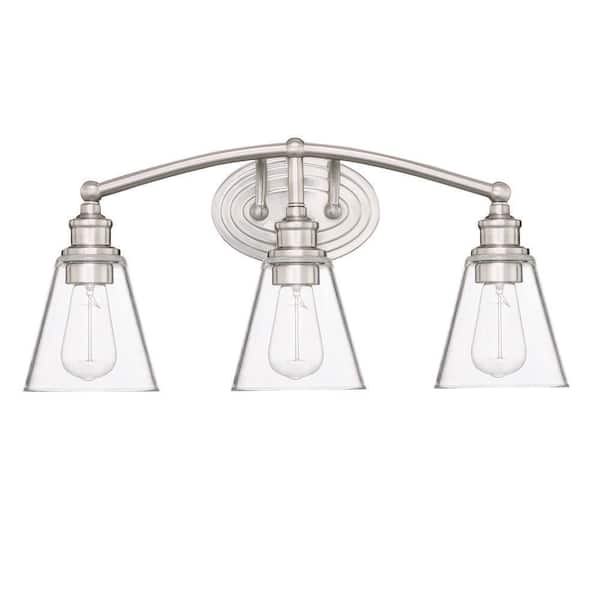 23 in. 3-Light Brushed Nickel Vanity Light With Clear Glass Shade and Bath Set (5-Piece)