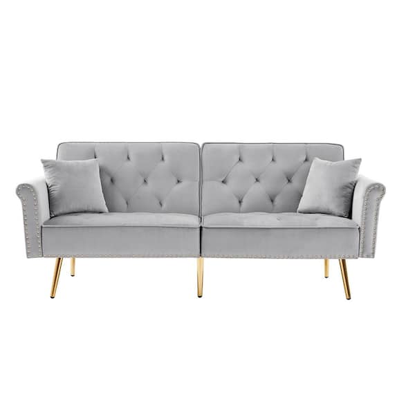 Clihome Pull-Out Sofa-Bed 60-in Modern Light Gray Velvet 3-seater