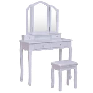 4-Drawer White Dressing Vanity Table Stool Set with Tri-Folding Mirror and Padded Seat