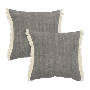 Asper Gray Solid Color Fringed Stonewashed 20 in. x 20 in. Indoor Throw Pillow Set of 2