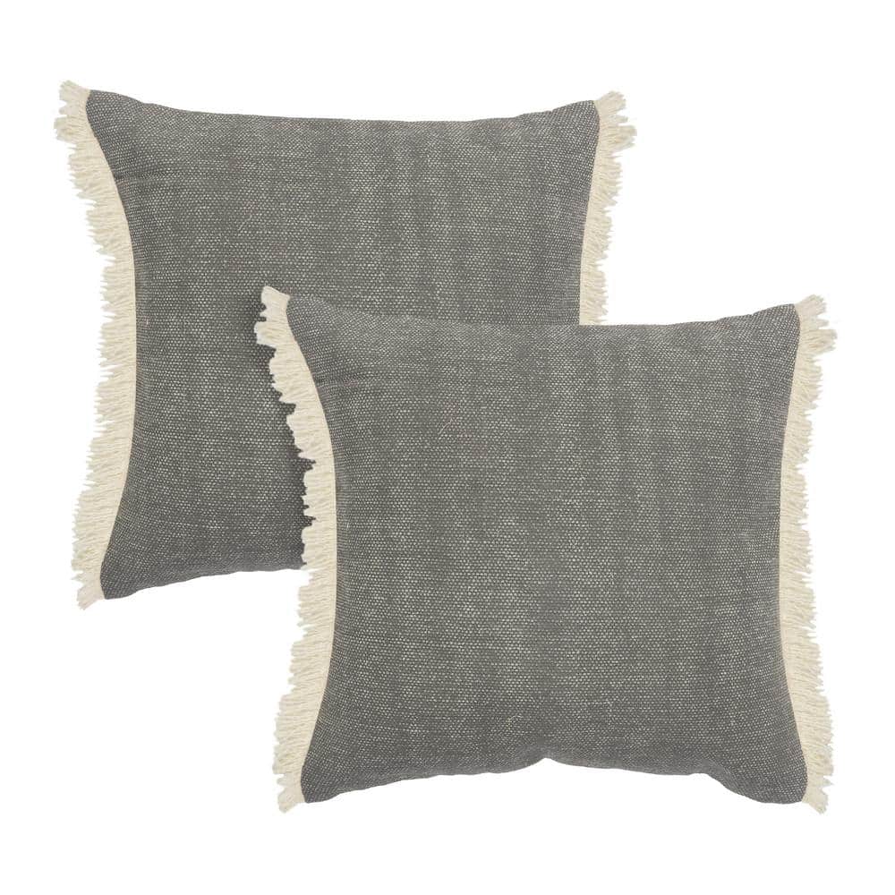Asper Gray Solid Color Fringed Stonewashed 20 in. x 20 in. Indoor Throw Pil