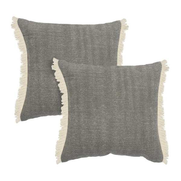 Unbranded Asper Gray Solid Color Fringed Stonewashed 20 in. x 20 in. Indoor Throw Pillow Set of 2