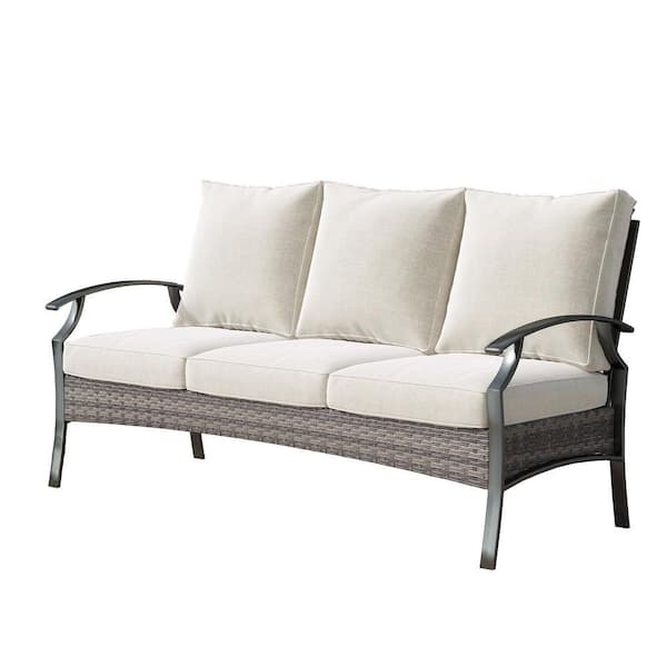 Black Metal Outdoor Patio 3-Seat Sofa Couch with Beige Cushions