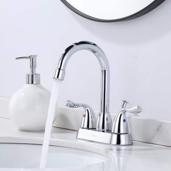 4 in. Centerset Double Handle High Arc Bathroom Faucet with Lift Rod Drain and Supply Lines in Polished Chrome