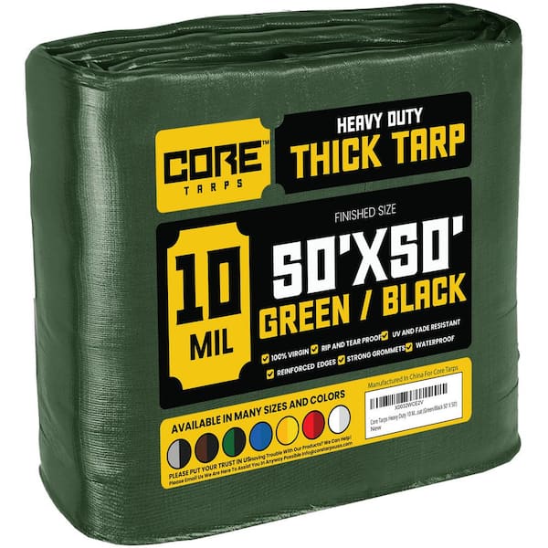 CORE TARPS 50 ft. x 50 ft. Green/Black 10 Mil Heavy Duty Polyethylene Tarp, Waterproof, UV Resistant, Rip and Tear Proof