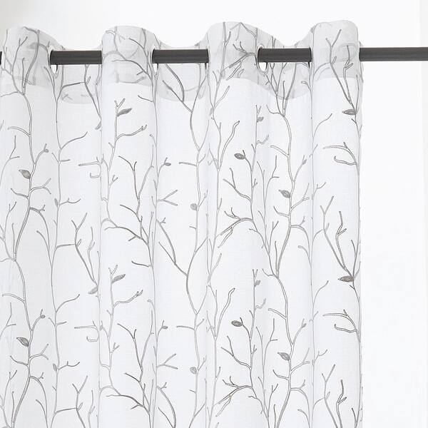 Trinity Silver Tree Branch Pattern Semi Sheer Curtains, 52 X 95