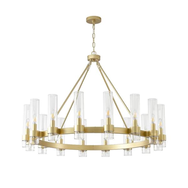 Modern 16-Light Gold Wagon Wheel Chandelier with Clear Glass Shade