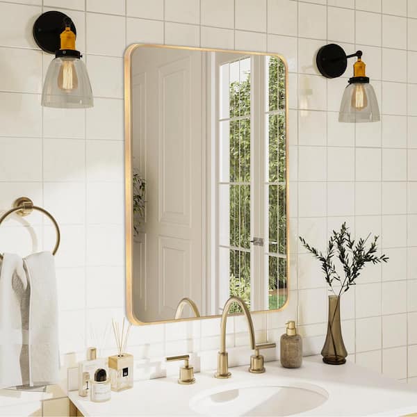 LuxHomez 20 in. W x 30 in. H Gold Vanity Rectangle Wall Mirror Aluminum Alloy Frame Bathroom Mirror
