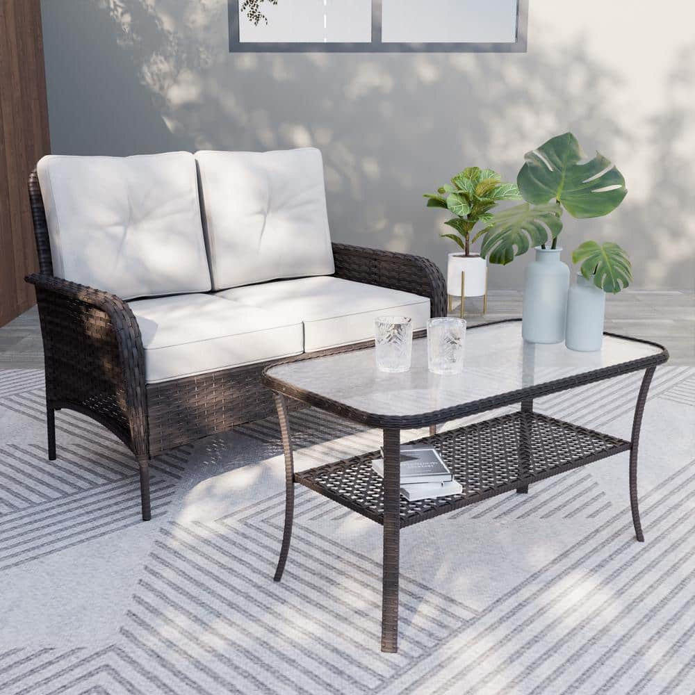 2-Piece Brown Wicker Patio Outdoor Rattan Loveseat Set with Beige Cushions, Coffee Table with Shelf price history on PriceWatchPro