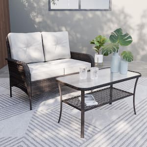 2-Piece Brown Wicker Patio Outdoor Rattan Loveseat Set with Beige Cushions, Coffee Table with Shelf