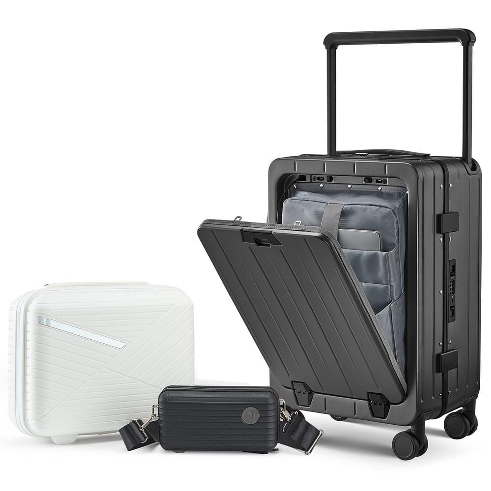 3 Piece Luggage Set Aluminum Frame 20 in. with Front Open Carry On Luggage PC Hard Shell Suitcase Bounce Wide Handle