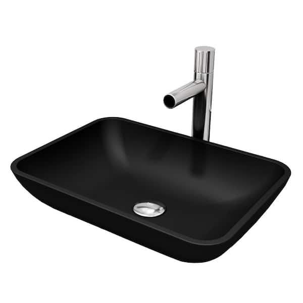 Matte Shell Sottile Glass Rectangular Vessel Bathroom Sink in Black with Ashford Faucet and Pop-Up Drain in Chrome