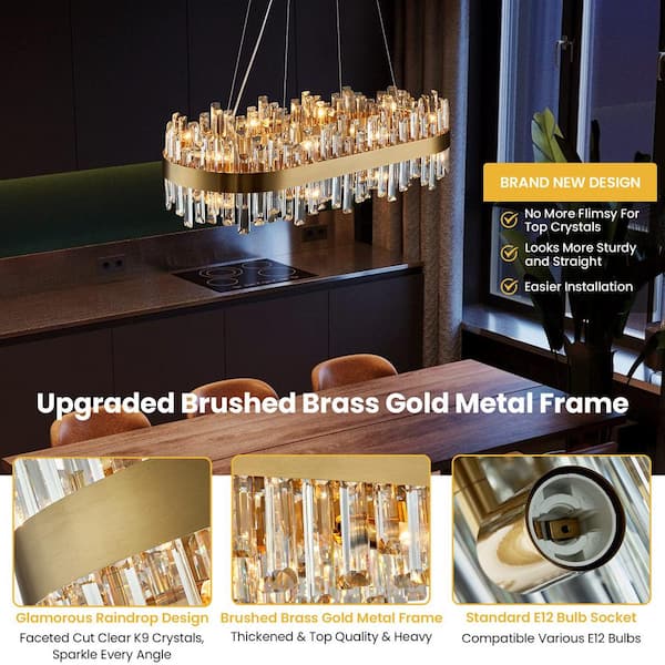 16-Light Gold Modern Oval Crystal Chandelier for Dining Room Kitchen Island with No Bulbs Included