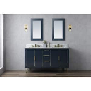 60 in. W x 22 in. D x 34.3 in. H Double Sink Freestanding Bath Vanity in Navy Blue with White Carrara Marble Top