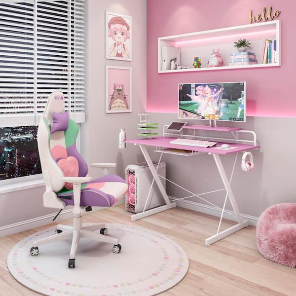 Techni Sport 47.25" TS-200 Carbon Computer Gaming Desk with Shelving, Pink