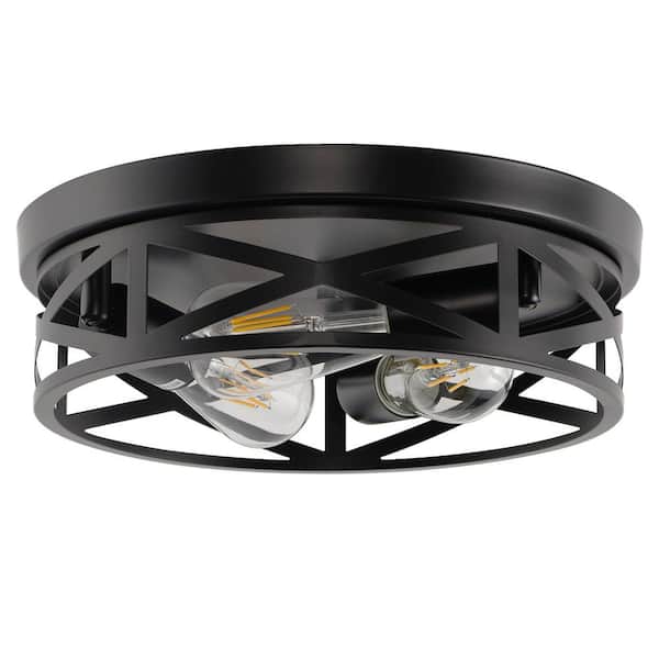 12.6 in. 3-Light Black Metal Drum Flush Mount Lighting with No Bulbs Included 1-Pack