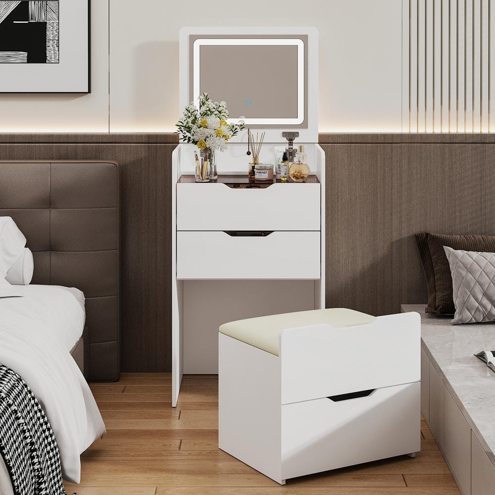 3-Drawer White Wood Makeup Vanity Set Dresser Table with Flip-Top Mirror, See-Through Glass Top, Lights, Stool - thumbnail 4