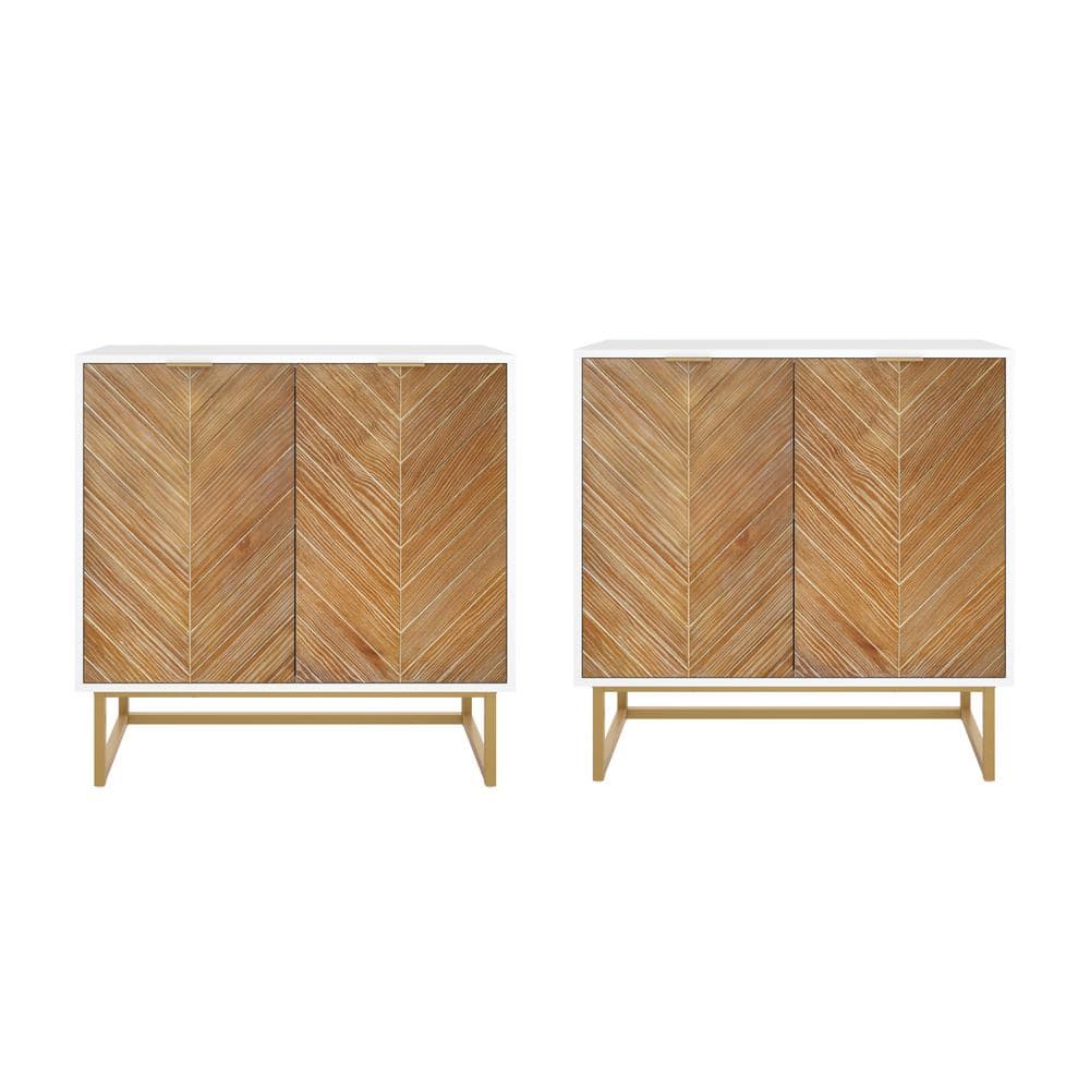 White and Brown Herringbone Freestanding Accent Cabinet with Adjustable Shelving