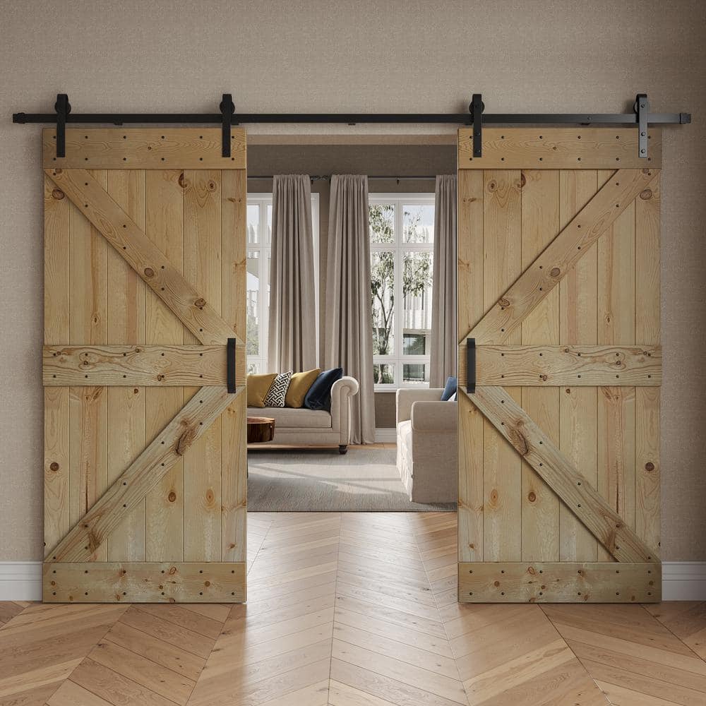 Unfinished Pine Wood Double Sliding Barn Door with Hardware Kit