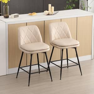 26 in. Beige Faux Leather Upholstered Metal Leg Counter Height Swivel Bar Stool (Set of 2)