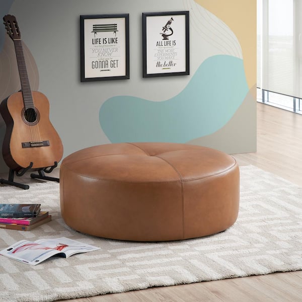 Ashcroft Furniture Co Romeo Tan Brown Genuine Leather Round 36 in Ottoman