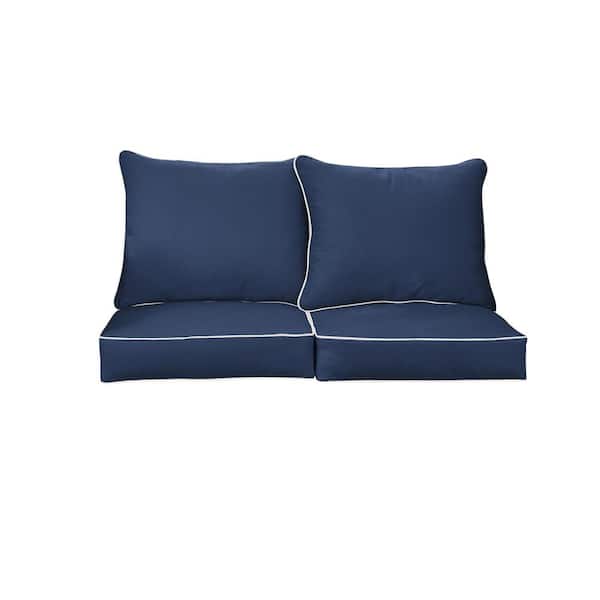 SORRA HOME 22.5 in. x 22.5 in. Sunbrella Deep Seating Indoor/Outdoor Loveseat Cushion Canvas Navy and Natural