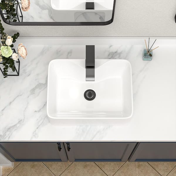 16 in. Rectangular Bathroom Ceramic Vessel Sink Basin in White with Black Faucet and Overflow Drain