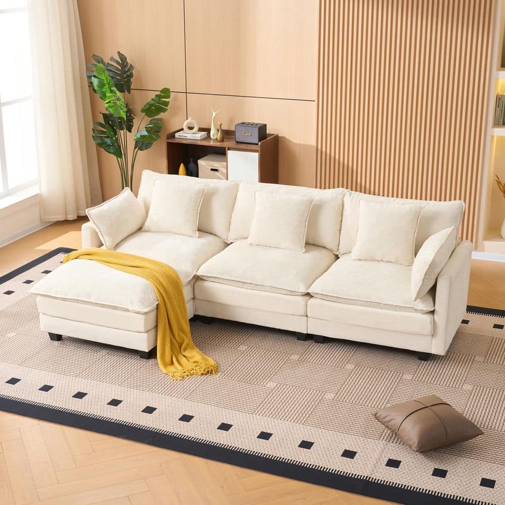 Hannah 94.4 in. Polyester Upholstery L-Shaped Sectional Sofa in. Beige with Storage Ottoman