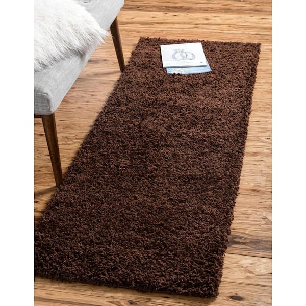 Solid Shag Collection Area Rug (2 ft. 7 in. x 19 ft. 8 in. Runner Chocolate Brown)