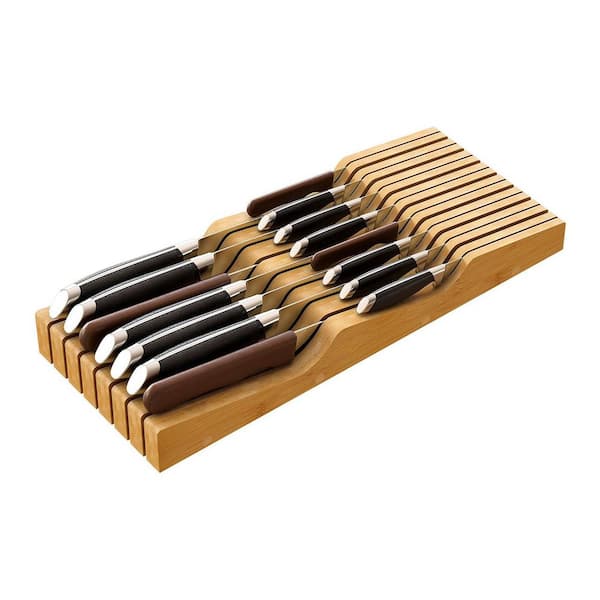 15-Knife In-Drawer Bamboo Knife Organizer, Wood Knife Block Holder for Kitchen Storage with Dual-Purpose Design