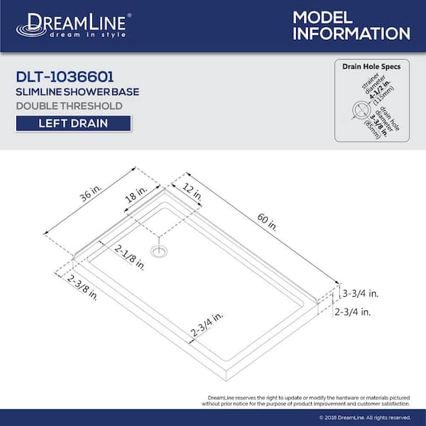 SlimLine 60 in. x 36 in. Double Threshold Shower Pan Base in White with Left Hand Drain