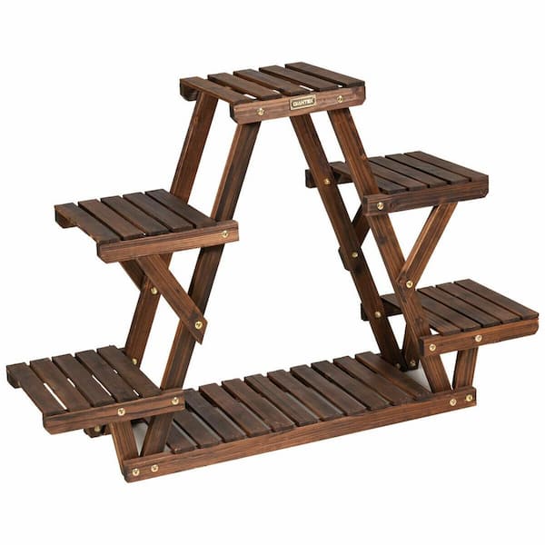 Gymax Wood Plant Stand Triangular Shelf 6 Pots Flower Shelf Storage Rack Plant Holder
