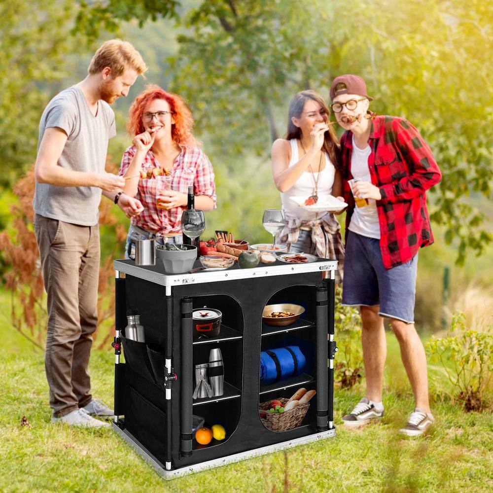 Black Aluminum Folding Camping Table with Storage Organizer