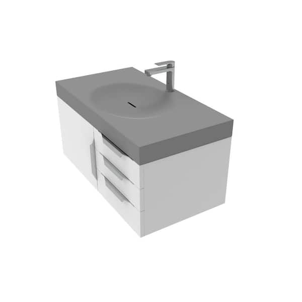 castellousa Thames 36 in. W x 19 in. D x 16.25 H Single Floating Bath Vanity in Matte White w Chrome Trim w Solid Surface Gray Top