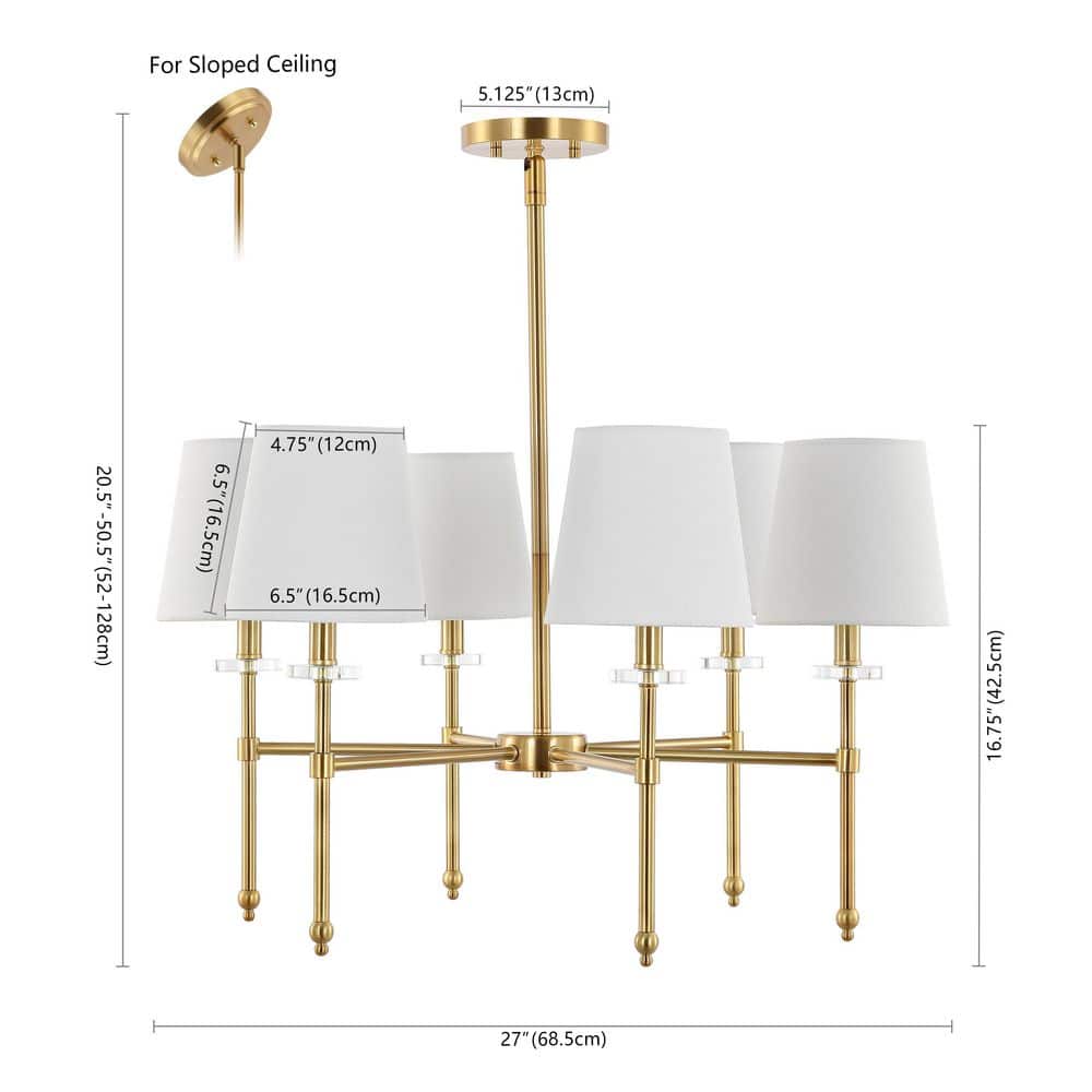 Cillian 27" Satin Gold Brass 6-Light LED Chandelier with White Fabric Shades
