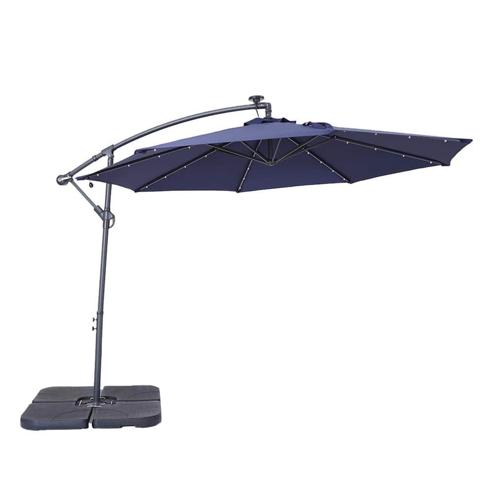 10 ft. Dark Blue Steel Outdoor Solar Led Tiltable Cantilever Umbrella Patio