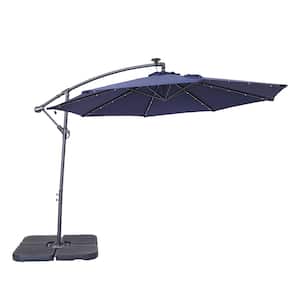10 ft. Dark Blue Steel Outdoor Solar Led Tiltable Cantilever Umbrella Patio Umbrella with Crank Lifter