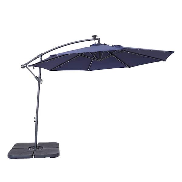 Unbranded 10 ft. Dark Blue Steel Outdoor Solar Led Tiltable Cantilever Umbrella Patio Umbrella with Crank Lifter