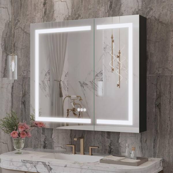 Hpeytaire 36 in. W x 32 in. H Rectangular Aluminum Recessed/Surface Mount Frameless Medicine Cabinet with Mirror in Matte Black