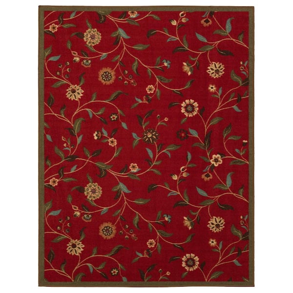Ottomanson Ottohome Collection Floral Garden Design Dark Red 8 ft. 2 in. x 9 ft. 10 in. Non-Skid Area Rug