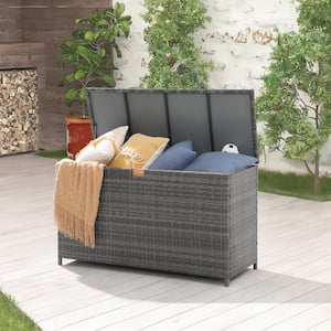 120 Gal. Gray Wicker Aluminum Frame Outdoor Storage Bench Patio Storage Box with Weather Resistant